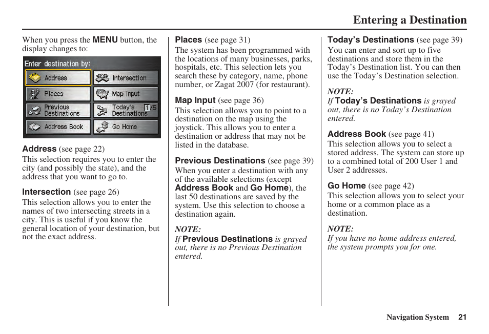 Entering a destination | Acura 2008 TSX User Manual | Page 22 / 138