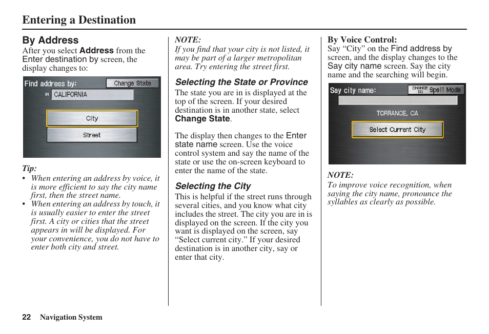 Entering a destination | Acura 2008 TSX User Manual | Page 23 / 138