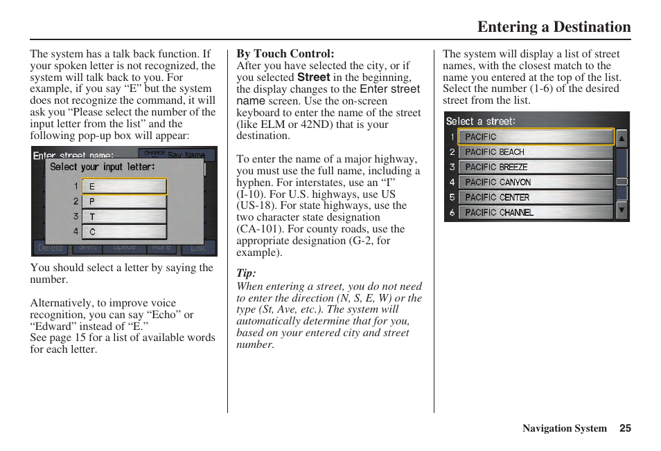 Entering a destination | Acura 2008 TSX User Manual | Page 26 / 138