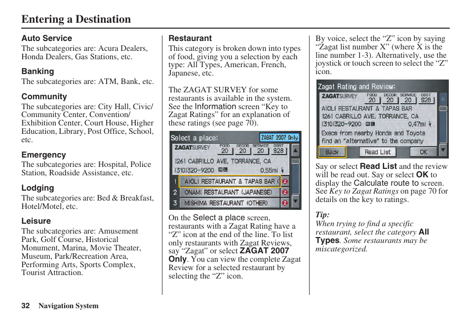 Entering a destination | Acura 2008 TSX User Manual | Page 33 / 138