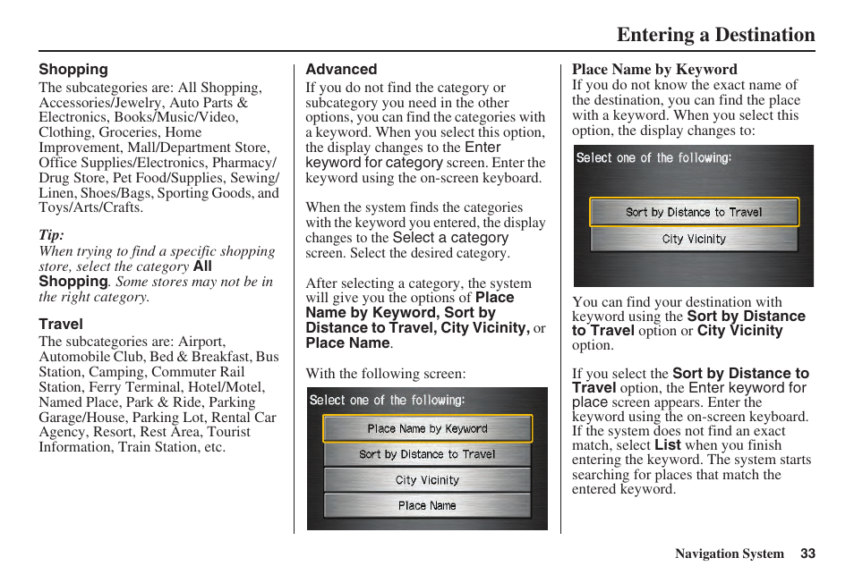 Entering a destination | Acura 2008 TSX User Manual | Page 34 / 138