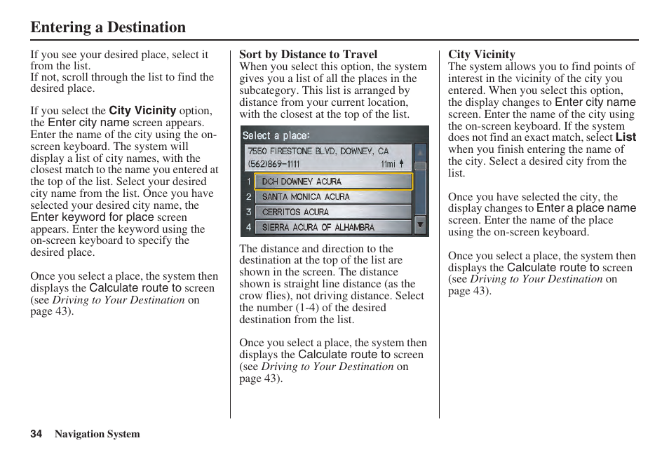 Entering a destination | Acura 2008 TSX User Manual | Page 35 / 138