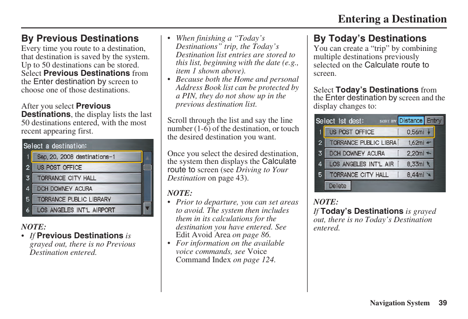 Entering a destination | Acura 2008 TSX User Manual | Page 40 / 138