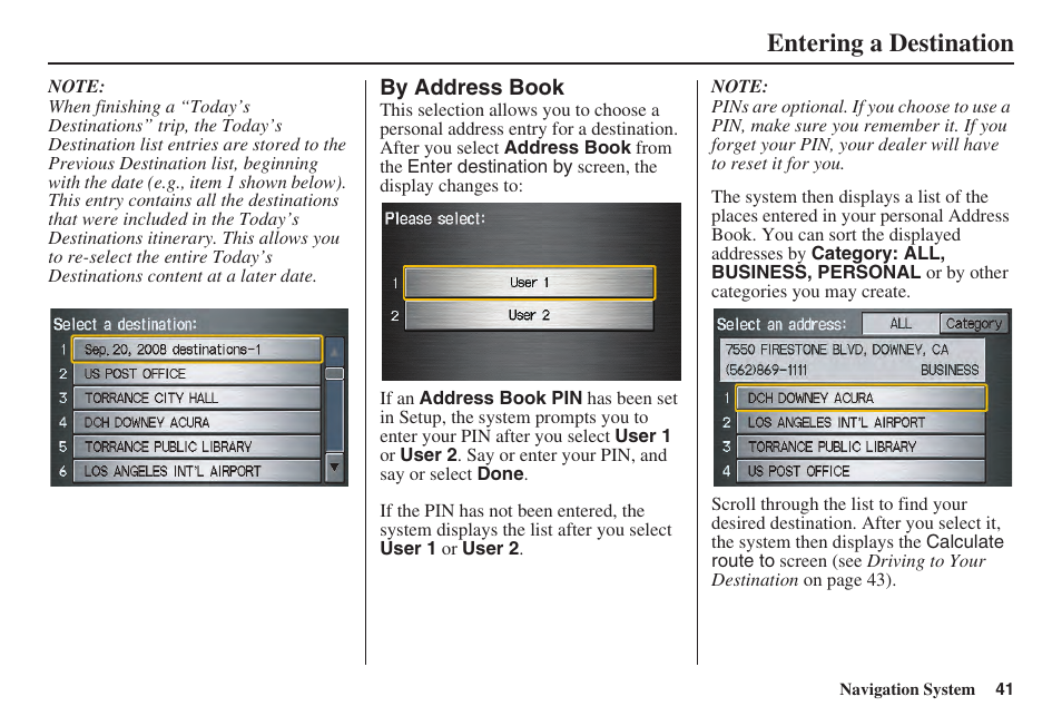 Entering a destination | Acura 2008 TSX User Manual | Page 42 / 138