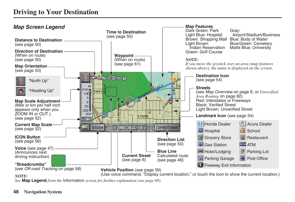 Driving to your destination, Map screen legend | Acura 2008 TSX User Manual | Page 49 / 138