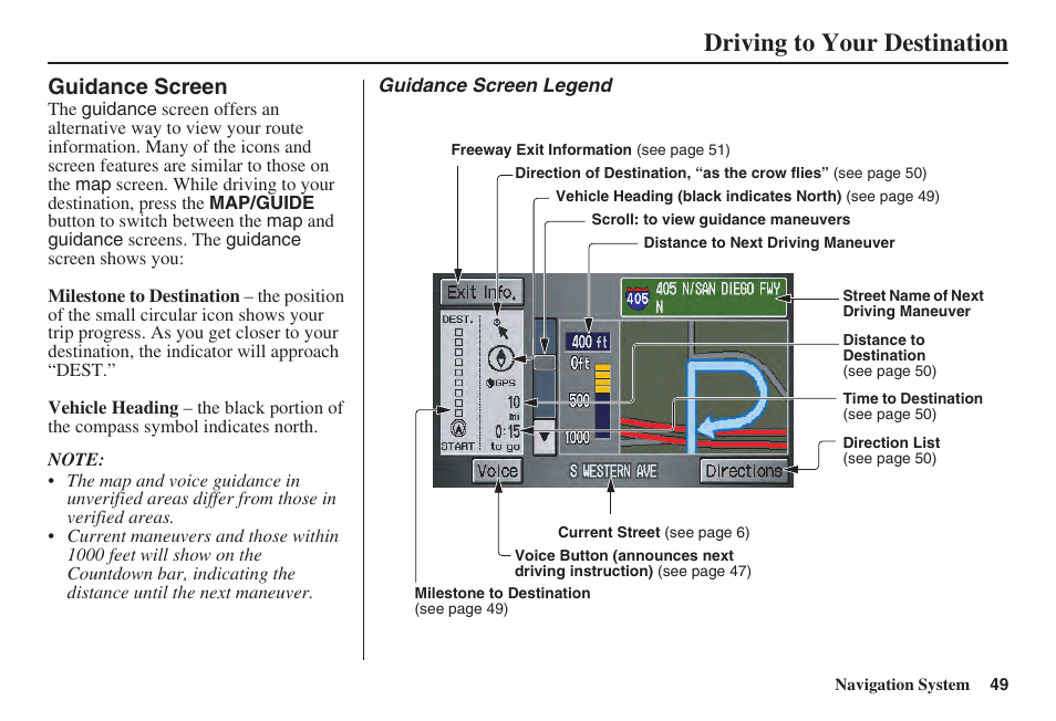 Driving to your destination, Guidance screen | Acura 2008 TSX User Manual | Page 50 / 138