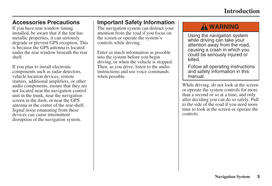 Introduction, Warning | Acura 2008 TSX User Manual | Page 6 / 138