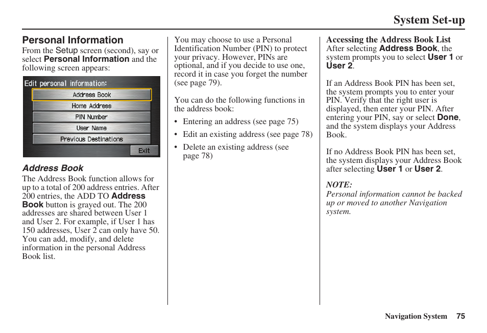 System set-up | Acura 2008 TSX User Manual | Page 76 / 138