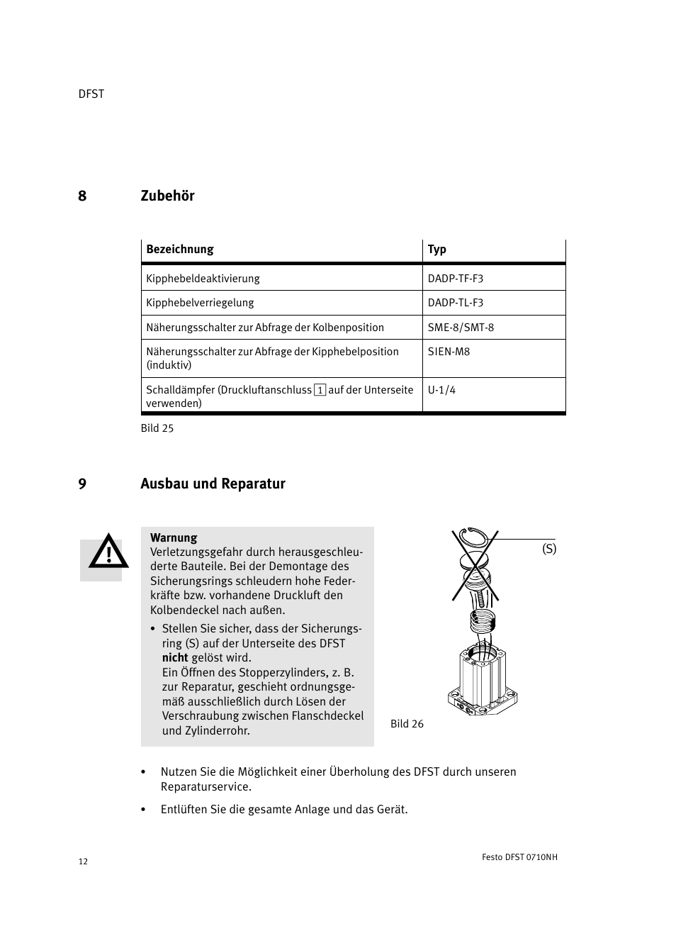 8 zubehör, 9 ausbau und reparatur, 8zubehör | 9ausbau und reparatur | Festo Cтопорный цилиндр DFST User Manual | Page 12 / 76