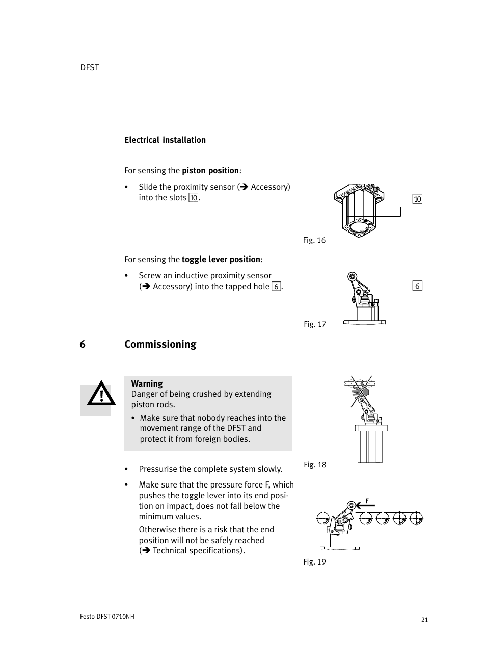 Electrical installation, For sensing the piston position, For sensing the toggle lever position | 6 commissioning, 6commissioning | Festo Cтопорный цилиндр DFST User Manual | Page 21 / 76