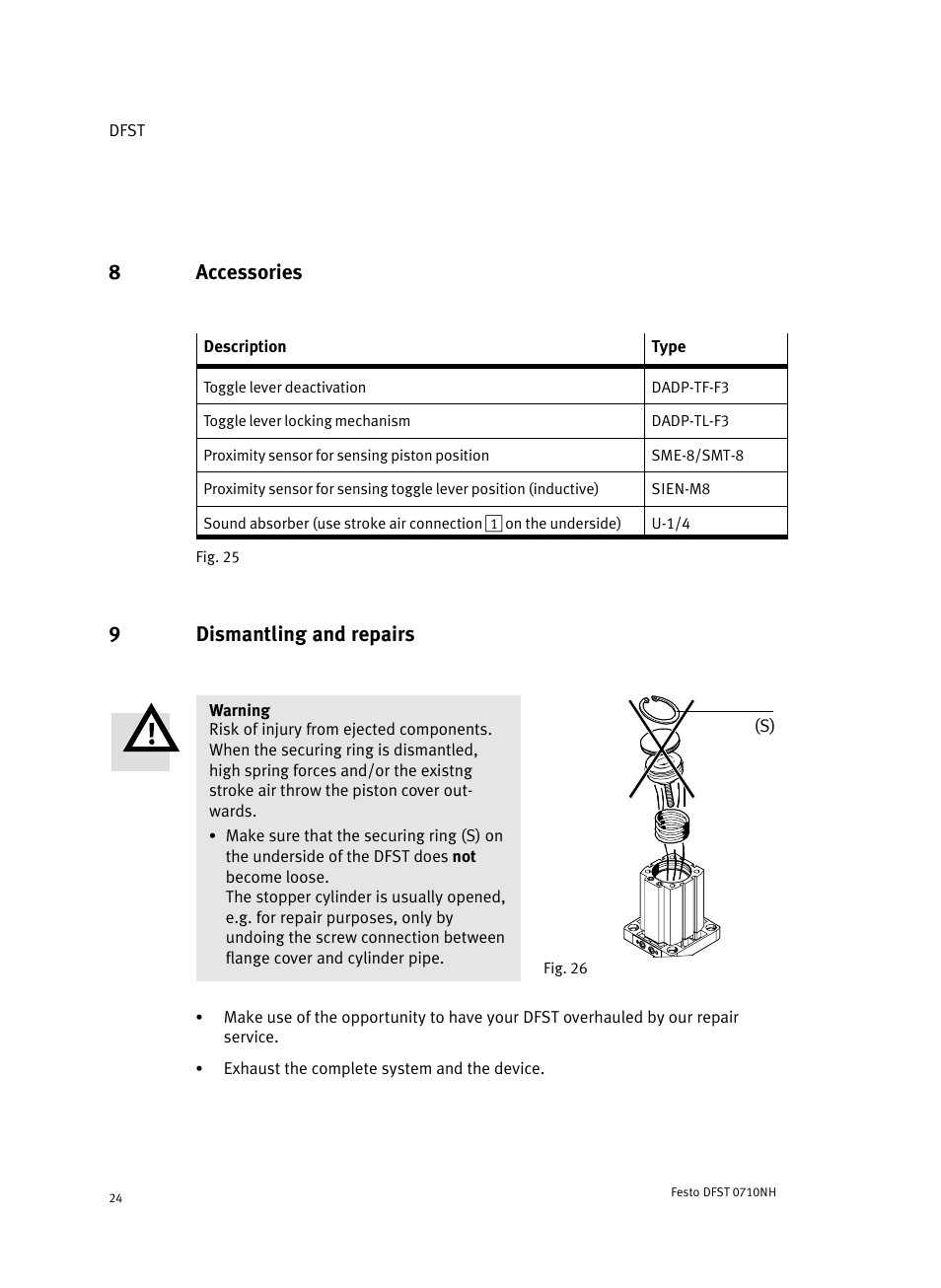 8 accessories, 9 dismantling and repairs, 8accessories | 9dismantling and repairs | Festo Cтопорный цилиндр DFST User Manual | Page 24 / 76