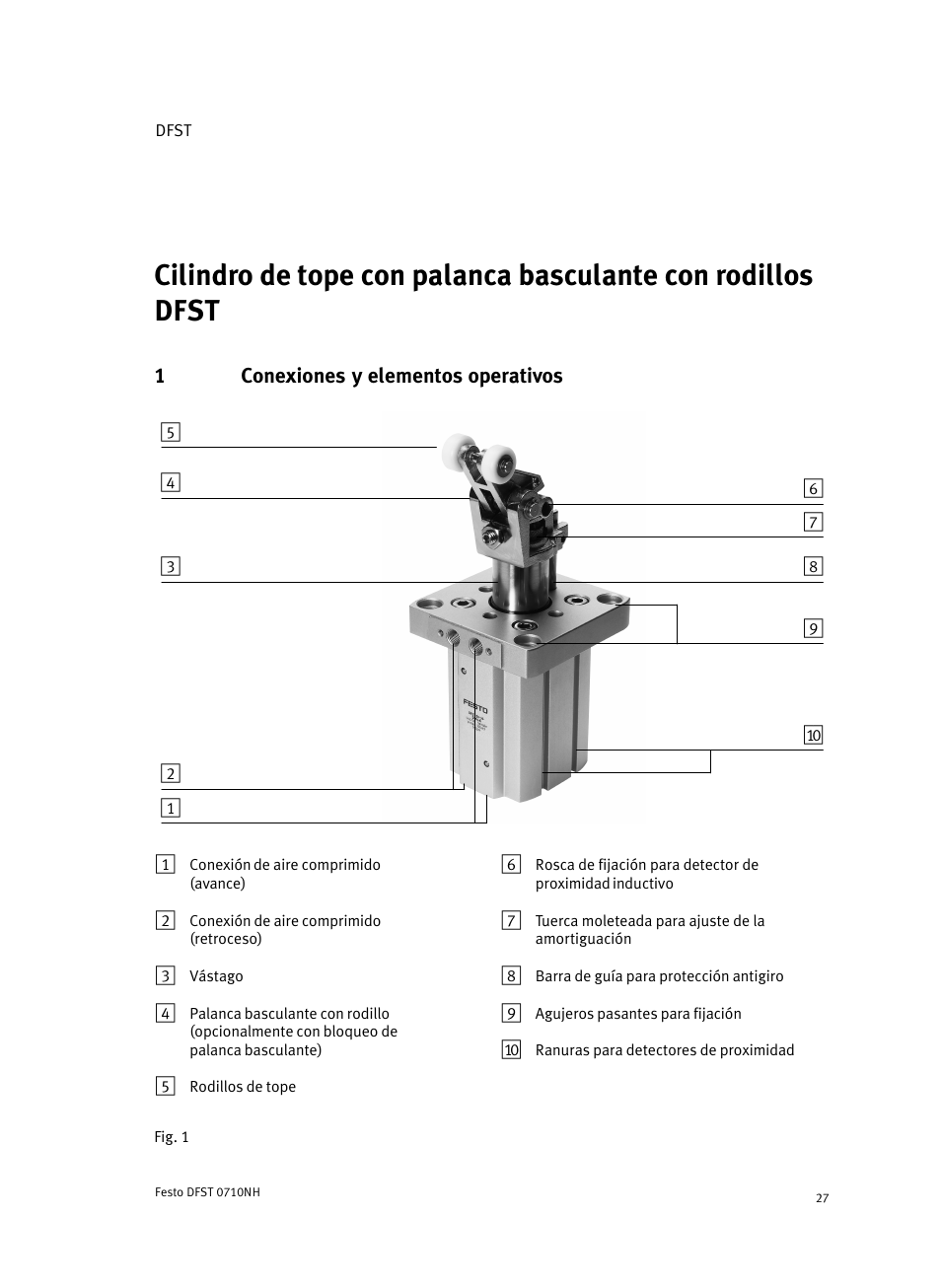 Español, 1 conexiones y elementos operativos | Festo Cтопорный цилиндр DFST User Manual | Page 27 / 76