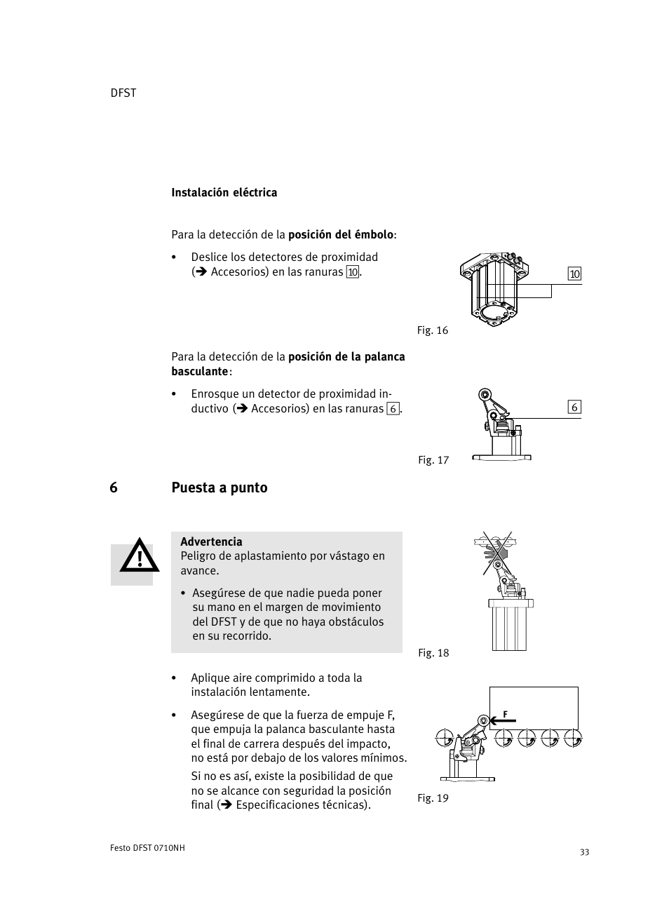 Instalación eléctrica, Para la detección de la posición del émbolo, 6 puesta a punto | 6puesta a punto | Festo Cтопорный цилиндр DFST User Manual | Page 33 / 76