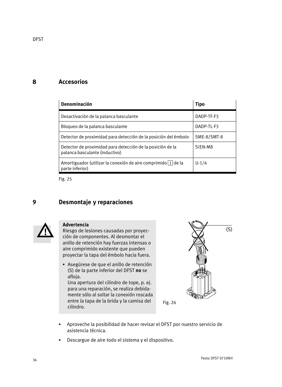 8 accesorios, 9 desmontaje y reparaciones, 8accesorios | 9desmontaje y reparaciones | Festo Cтопорный цилиндр DFST User Manual | Page 36 / 76