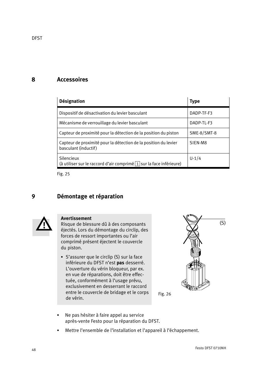 8 accessoires, 9 démontage et réparation, 8accessoires | 9démontage et réparation | Festo Cтопорный цилиндр DFST User Manual | Page 48 / 76