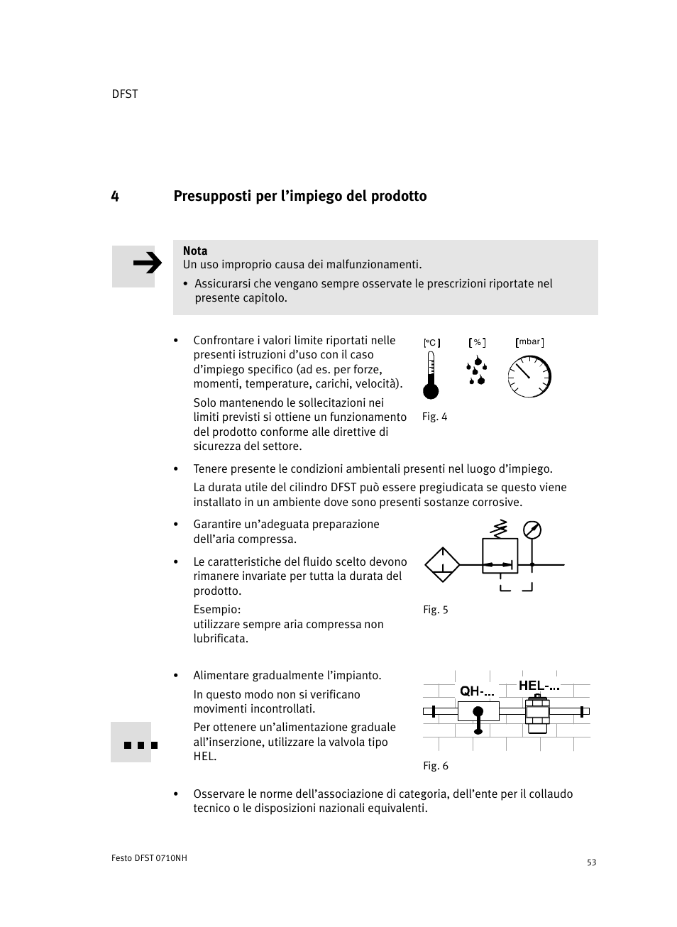 4 presupposti per l'impiego del prodotto, 4presupposti per l’impiego del prodotto | Festo Cтопорный цилиндр DFST User Manual | Page 53 / 76