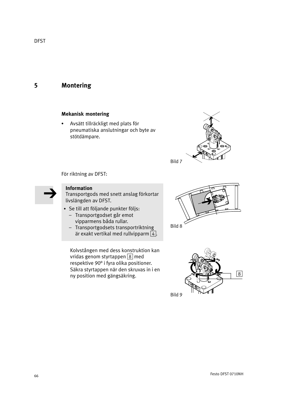 5 montering, Bild 7 mekanisk montering, För riktning av dfst | 5montering | Festo Cтопорный цилиндр DFST User Manual | Page 66 / 76