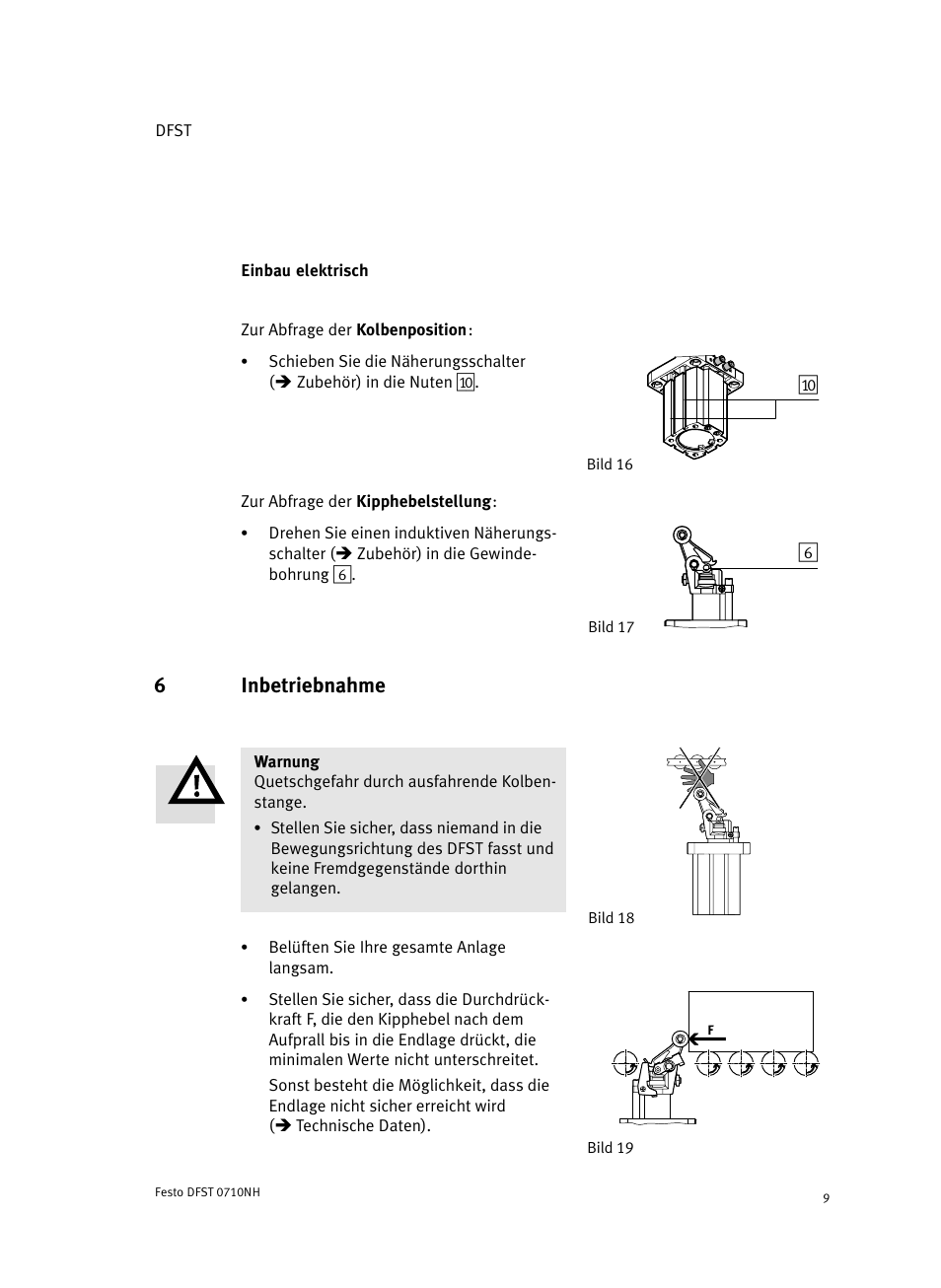 Einbau elektrisch, Zur abfrage der kolbenposition, Zur abfrage der kipphebelstellung | 6 inbetriebnahme, 6inbetriebnahme | Festo Cтопорный цилиндр DFST User Manual | Page 9 / 76