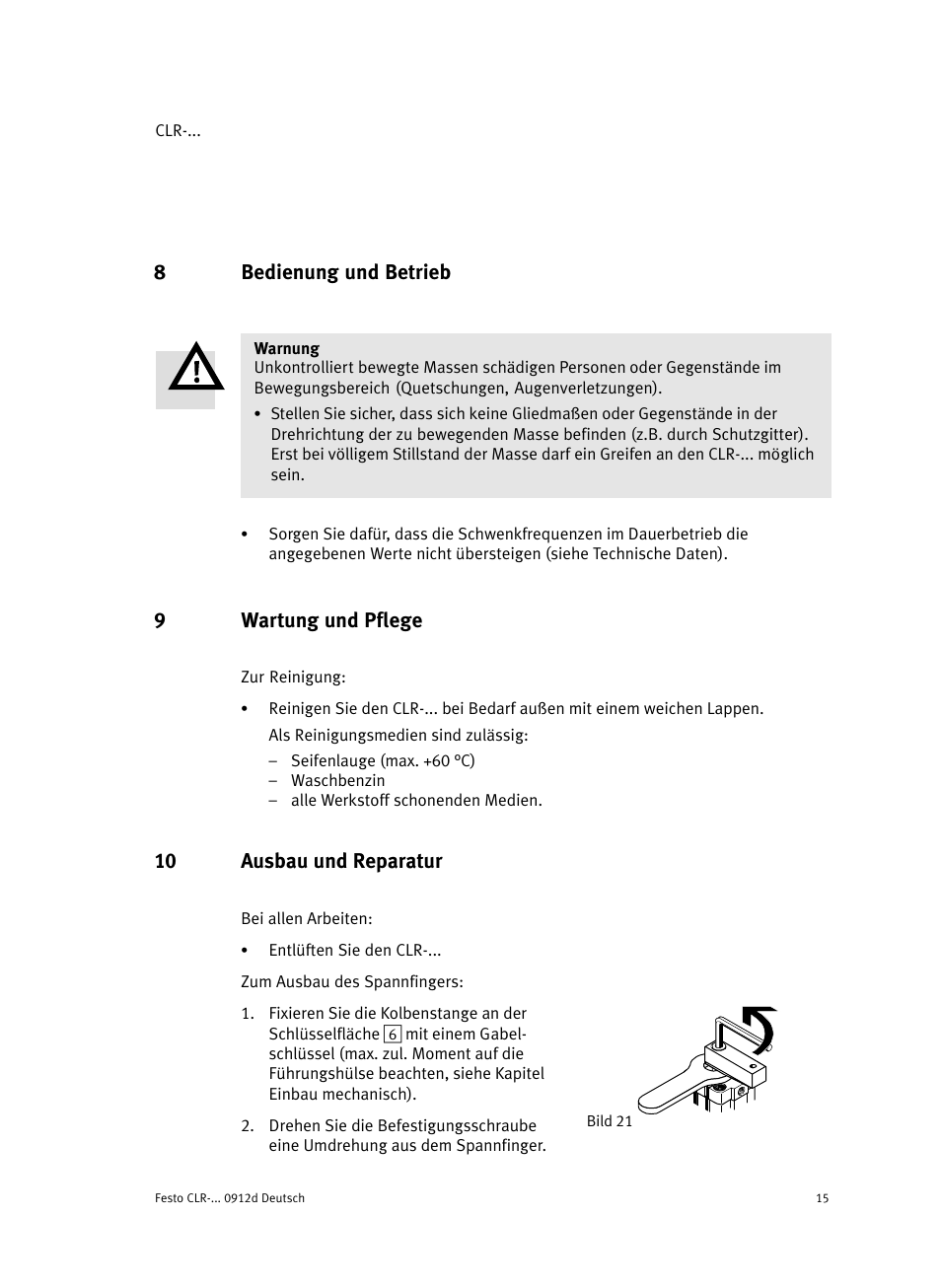 8 bedienung und betrieb, 9 wartung und pflege, 10 ausbau und reparatur | 8bedienung und betrieb, 9wartung und pflege | Festo Линейно-поворотный зажим CLR User Manual | Page 15 / 100