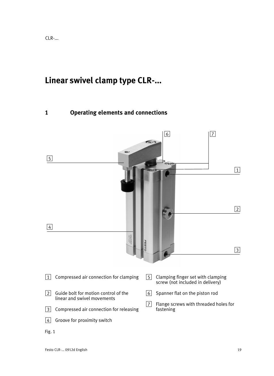 Englishlinear swivel clamp type clr-...english, 1 operating elements and connections, English | Linear swivel clamp type clr−... english | Festo Линейно-поворотный зажим CLR User Manual | Page 19 / 100