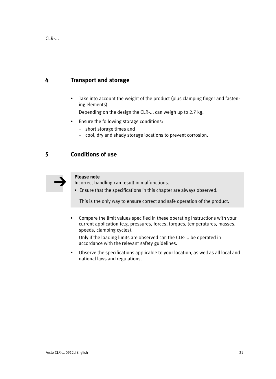 4 transport and storage, 5 conditions of use, 4transport and storage | 5conditions of use | Festo Линейно-поворотный зажим CLR User Manual | Page 21 / 100