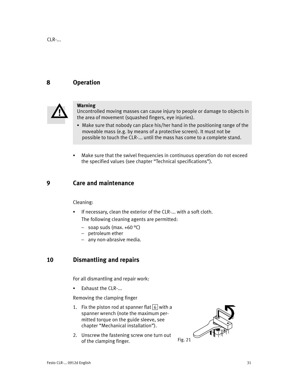 8 operation, 9 care and maintenance, 10 dismantling and repairs | 8operation, 9care and maintenance | Festo Линейно-поворотный зажим CLR User Manual | Page 31 / 100