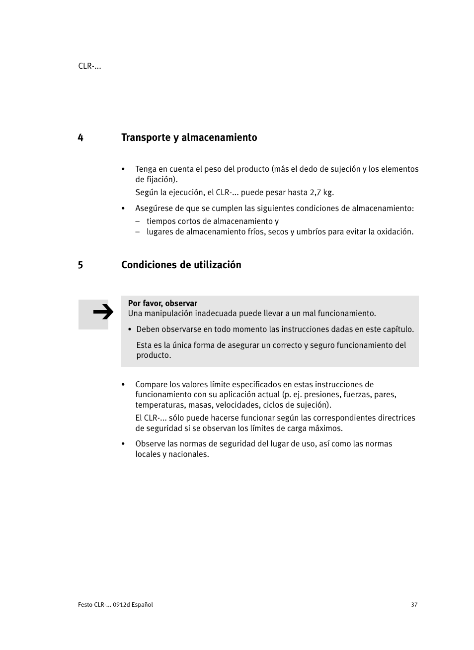 4 transporte y almacenamiento, 5 condiciones de utilización, 4transporte y almacenamiento | 5condiciones de utilización | Festo Линейно-поворотный зажим CLR User Manual | Page 37 / 100