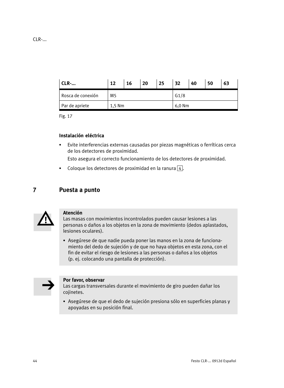 Instalación eléctrica, 7 puesta a punto, 7puesta a punto | Festo Линейно-поворотный зажим CLR User Manual | Page 44 / 100