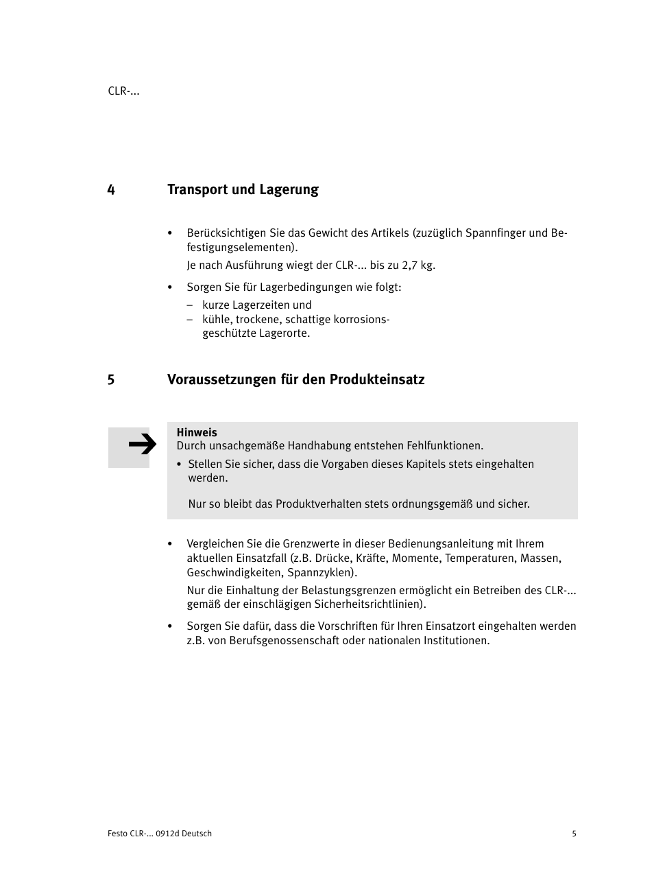 4 transport und lagerung, 5 voraussetzungen für den produkteinsatz, 4transport und lagerung | 5voraussetzungen für den produkteinsatz | Festo Линейно-поворотный зажим CLR User Manual | Page 5 / 100
