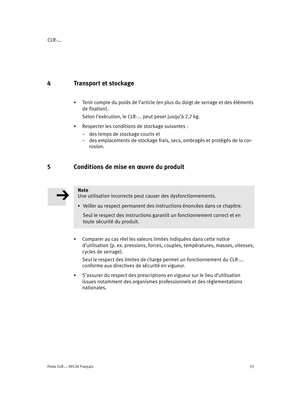 4 transport et stockage, 5 conditions de mise en ĺuvre du produit, 4transport et stockage | 5conditions de mise en ĺuvre du produit | Festo Линейно-поворотный зажим CLR User Manual | Page 53 / 100