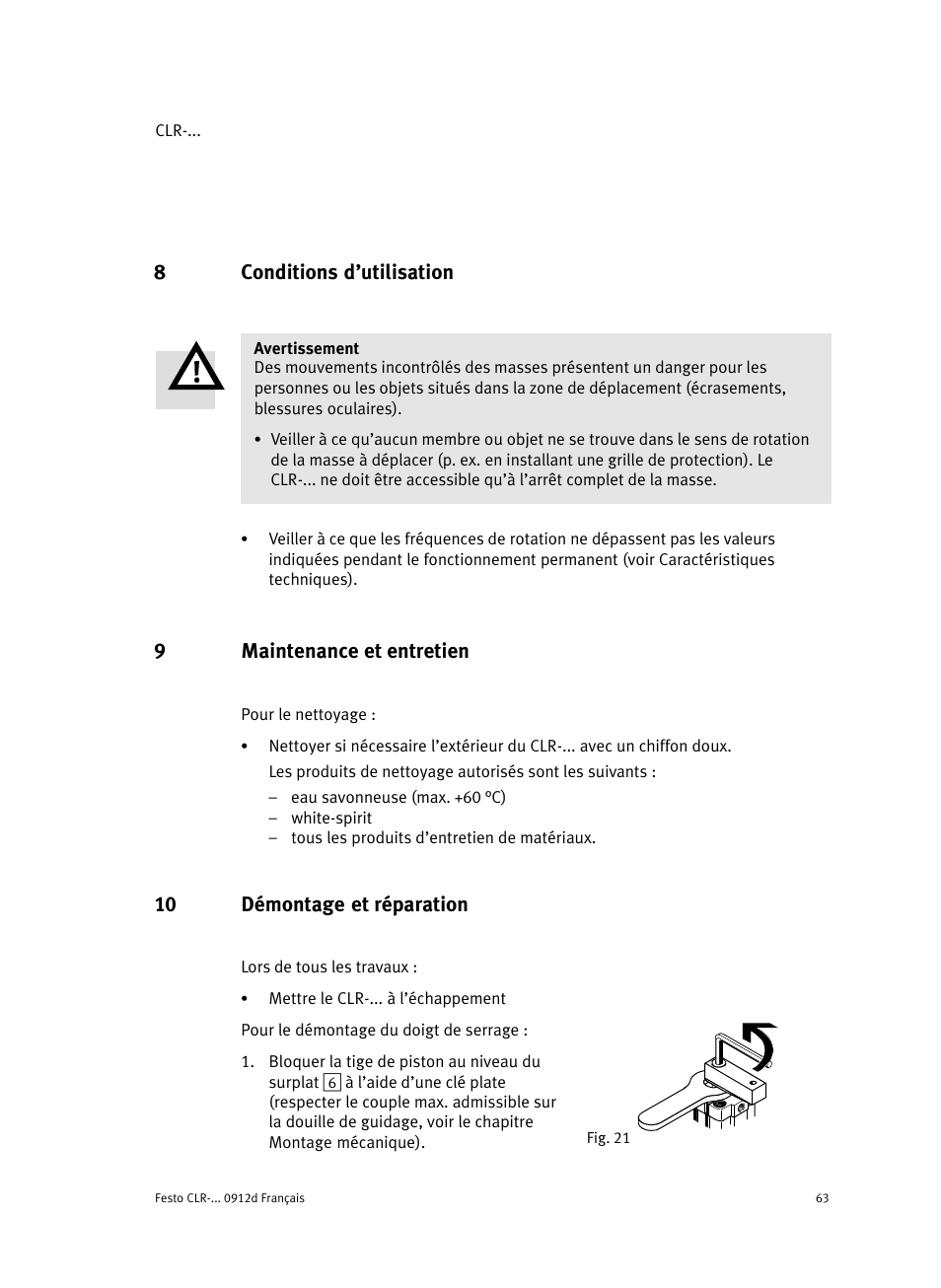 8 conditions d'utilisation, 9 maintenance et entretien, 10 démontage et réparation | 8conditions d’utilisation, 9maintenance et entretien | Festo Линейно-поворотный зажим CLR User Manual | Page 63 / 100