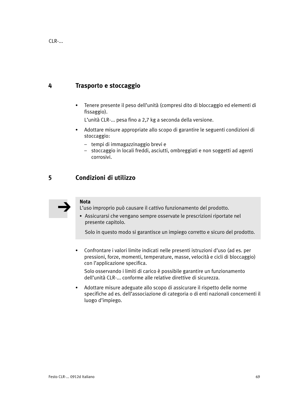 4 trasporto e stoccaggio, 5 condizioni di utilizzo, 4trasporto e stoccaggio | 5condizioni di utilizzo | Festo Линейно-поворотный зажим CLR User Manual | Page 69 / 100