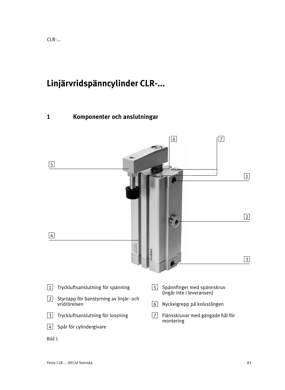 Svenskalinjärvridspänncylinder clr-...svenska, 1 komponenter och anslutningar, Svenska | Linjärvridspänncylinder clr−... svenska | Festo Линейно-поворотный зажим CLR User Manual | Page 83 / 100