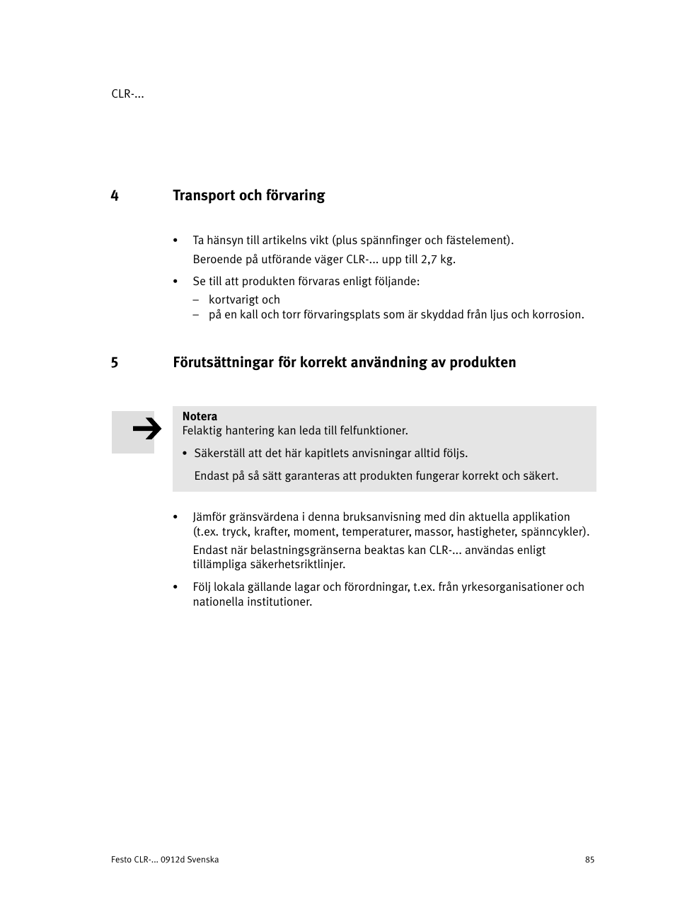 4 transport och förvaring, 4transport och förvaring | Festo Линейно-поворотный зажим CLR User Manual | Page 85 / 100