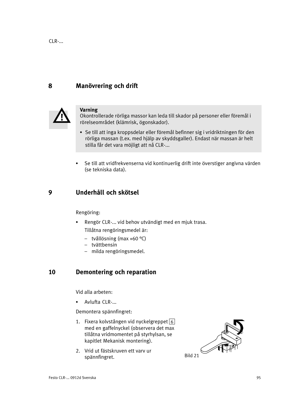8 manövrering och drift, 9 underhåll och skötsel, 10 demontering och reparation | 8manövrering och drift, 9underhåll och skötsel | Festo Линейно-поворотный зажим CLR User Manual | Page 95 / 100