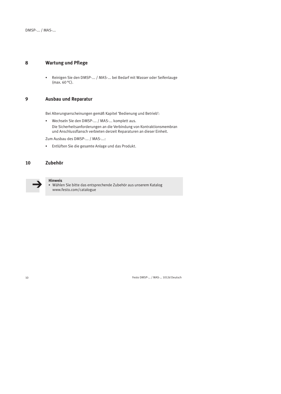 8 wartung und pflege, 9 ausbau und reparatur, 10 zubehör | Festo Пневматический мускул MAS User Manual | Page 10 / 80