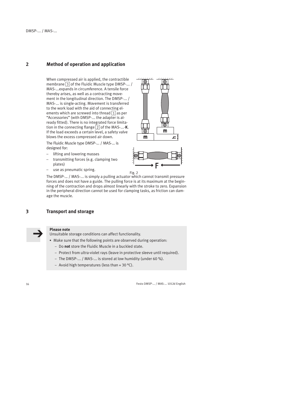 2 method of operation and application, 3 transport and storage | Festo Пневматический мускул MAS User Manual | Page 16 / 80