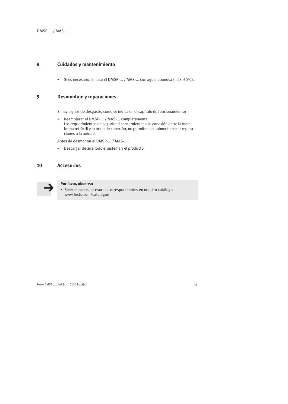 8 cuidados y mantenimiento, 9 desmontaje y reparaciones, 10 accesorios | Festo Пневматический мускул MAS User Manual | Page 35 / 80