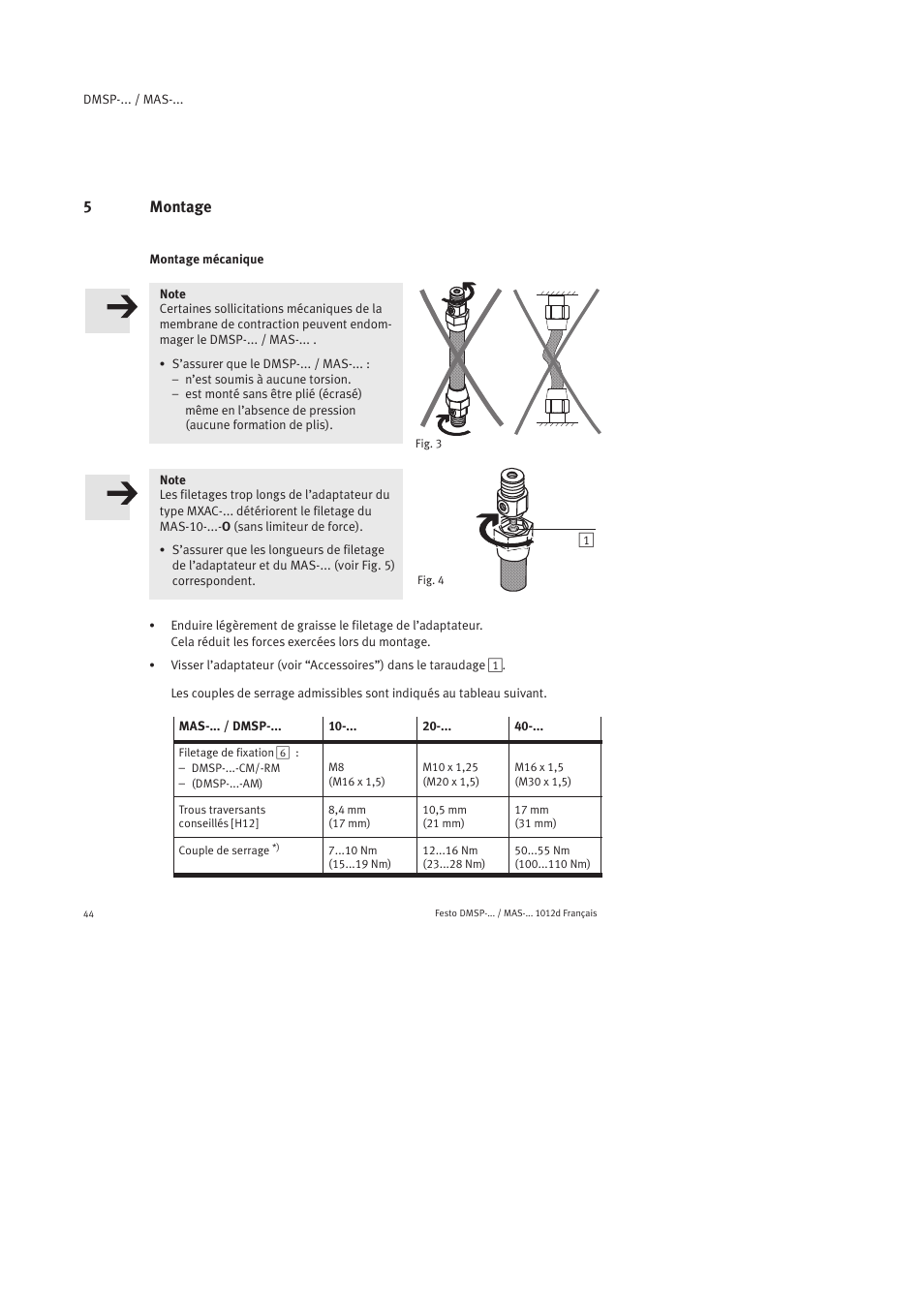 5 montage, Montage mécanique | Festo Пневматический мускул MAS User Manual | Page 44 / 80