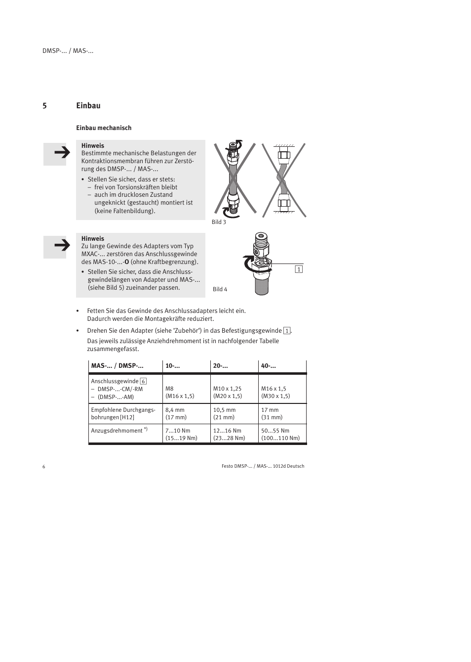 5 einbau, Einbau mechanisch, 5einbau | Festo Пневматический мускул MAS User Manual | Page 6 / 80