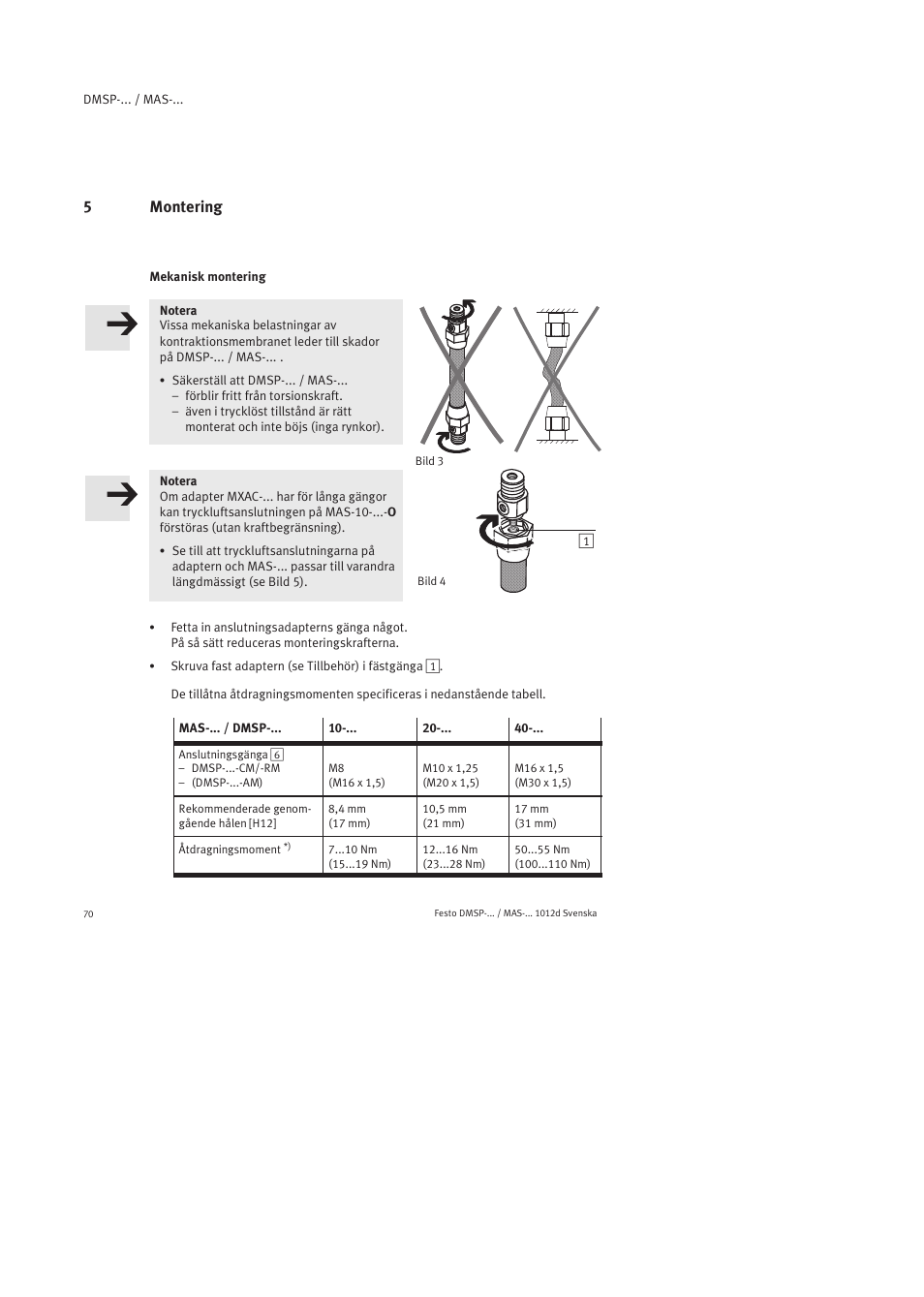 5 montering, Mekanisk montering | Festo Пневматический мускул MAS User Manual | Page 70 / 80