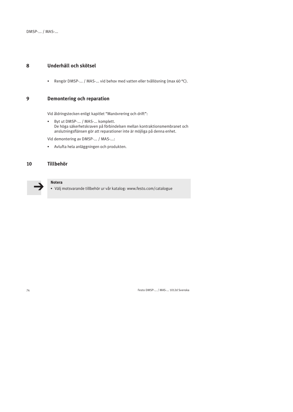 8 underhåll och skötsel, 9 demontering och reparation, 10 tillbehör | Festo Пневматический мускул MAS User Manual | Page 74 / 80