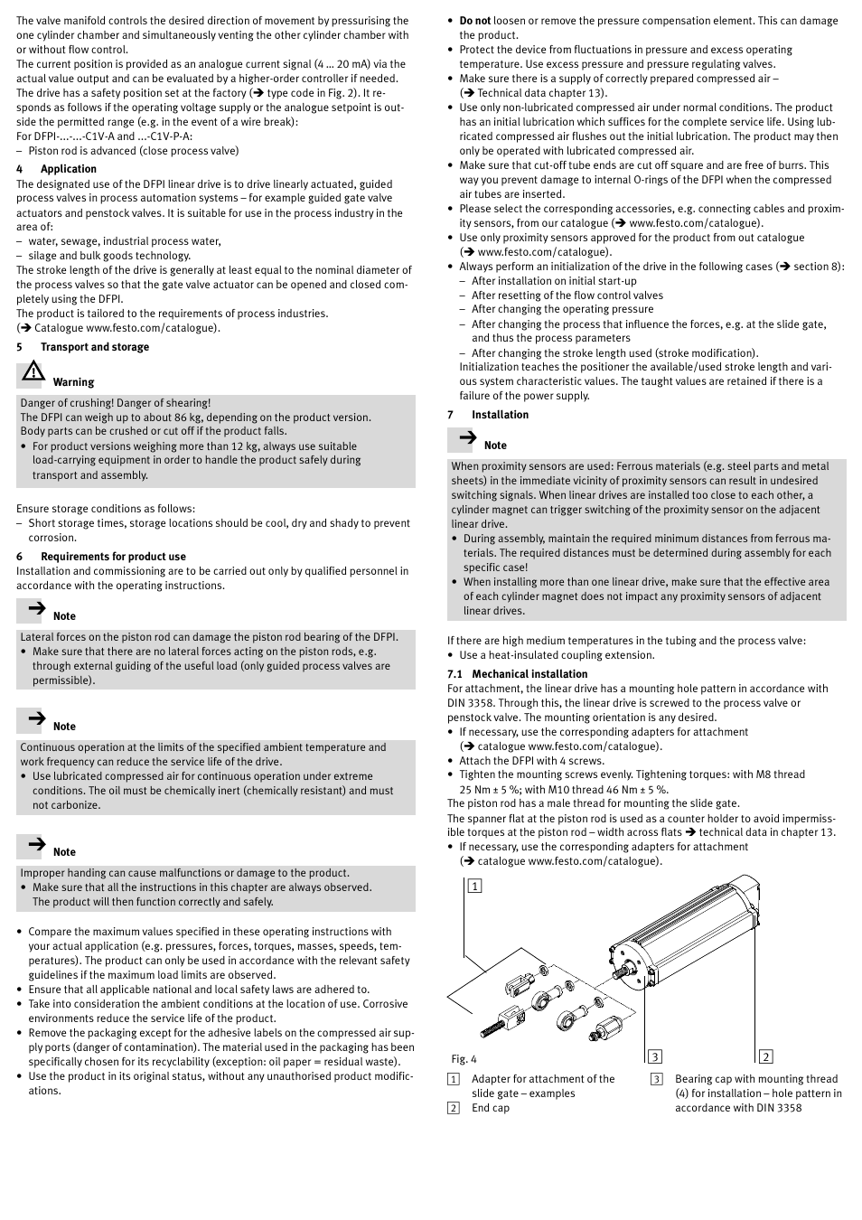 4 application, 5 transport and storage, 6 requirements for product use | 7 installation, 1 mechanical installation | Festo Линейный привод с датчиком перемещения DFPI User Manual | Page 2 / 5