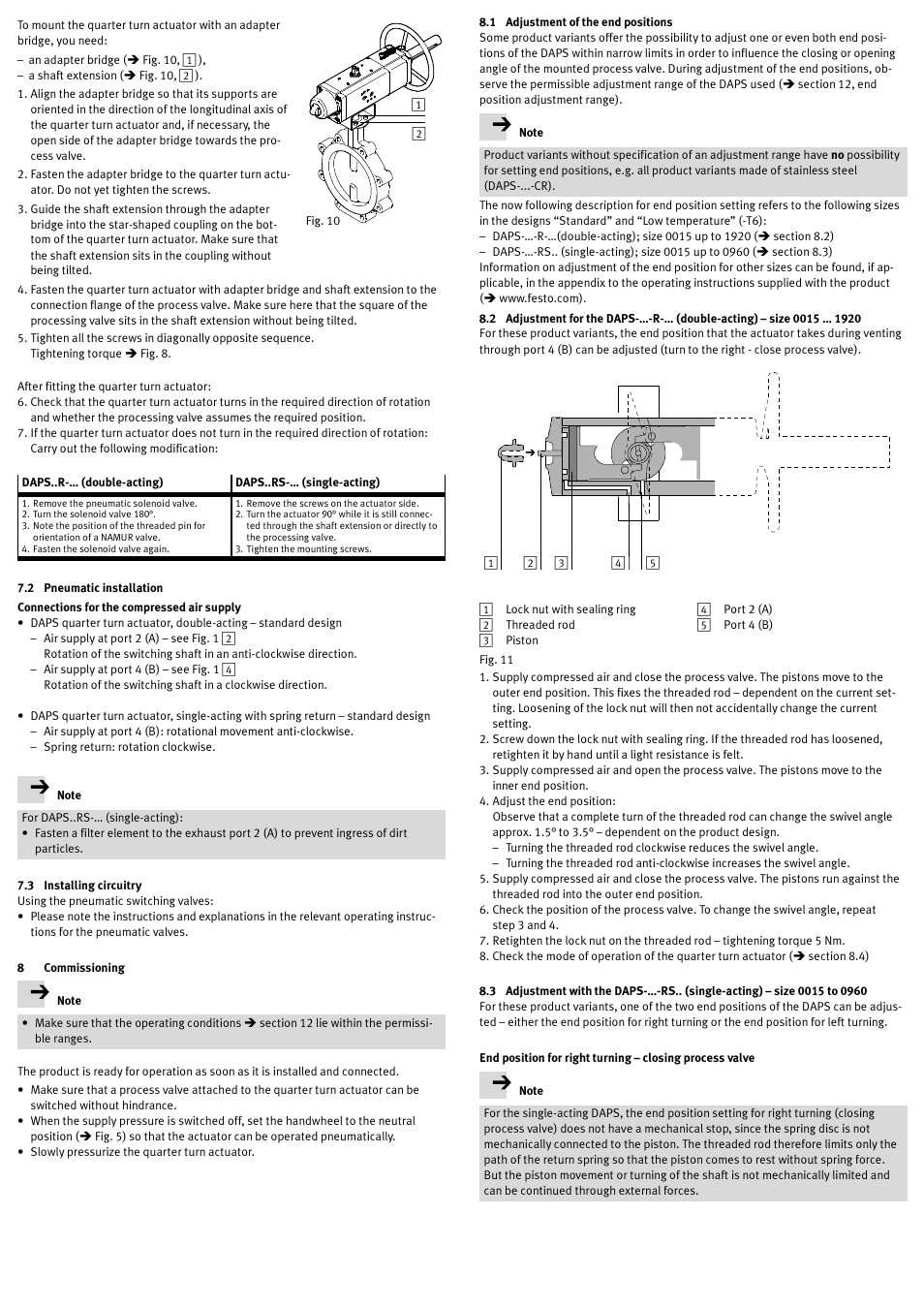 2 pneumatic installation, Connections for the compressed air supply, 3 installing circuitry | 8 commissioning, 1 adjustment of the end positions | Festo Неполноповоротные приводы Sypar DAPS User Manual | Page 3 / 5