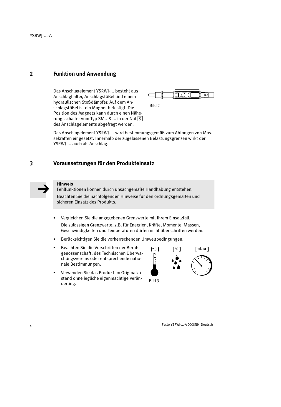 2funktion und anwendung, 3voraussetzungen für den produkteinsatz | Festo Амортизаторы YSRWJ User Manual | Page 4 / 64