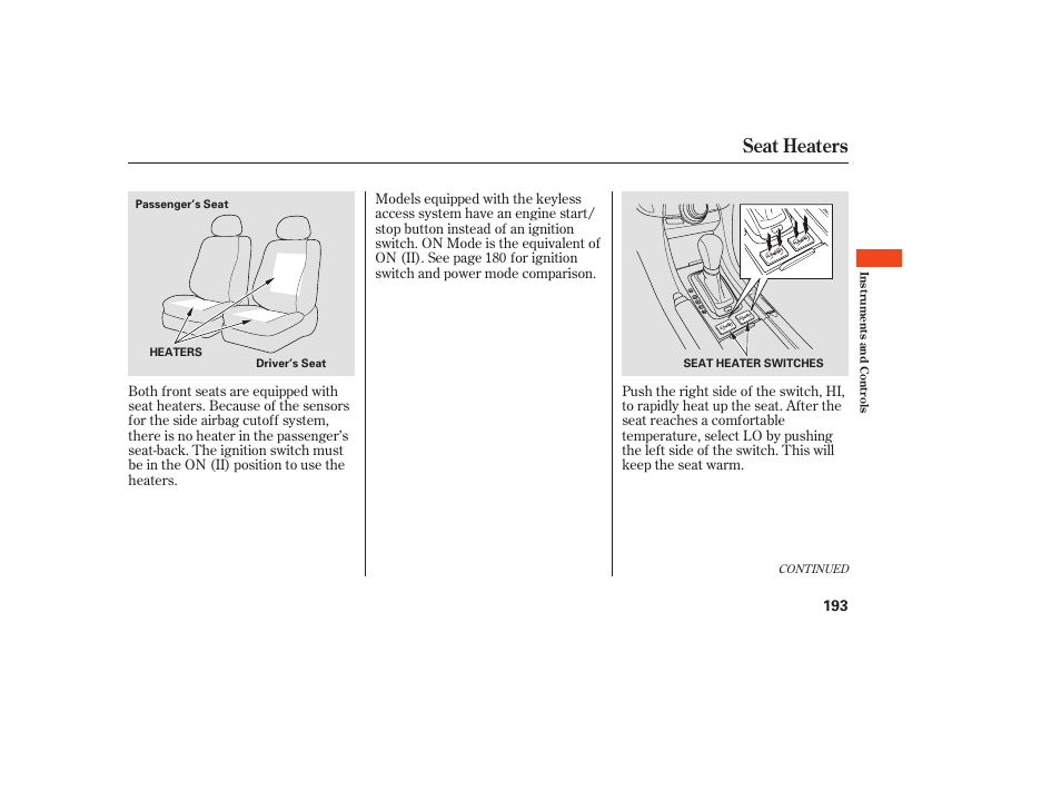 Seat heaters | Acura 2009 Accord Sedan User Manual | Page 199 / 650