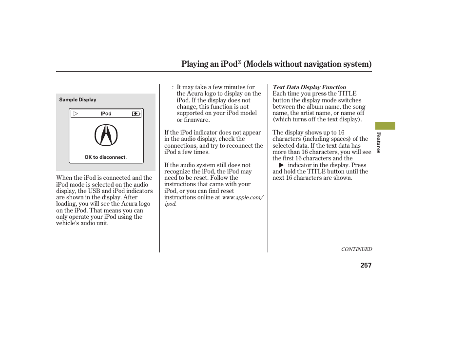 Playing an ipod (models without navigation system) | Acura 2009 Accord Sedan User Manual | Page 263 / 650