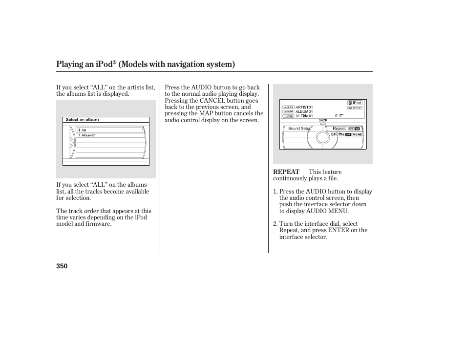 Playing an ipod (models with navigation system) | Acura 2009 Accord Sedan User Manual | Page 356 / 650
