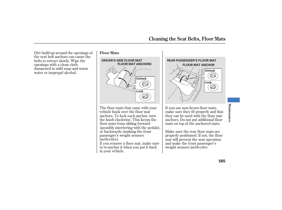 Cleaning the seat belts, floor mats | Acura 2009 Accord Sedan User Manual | Page 571 / 650