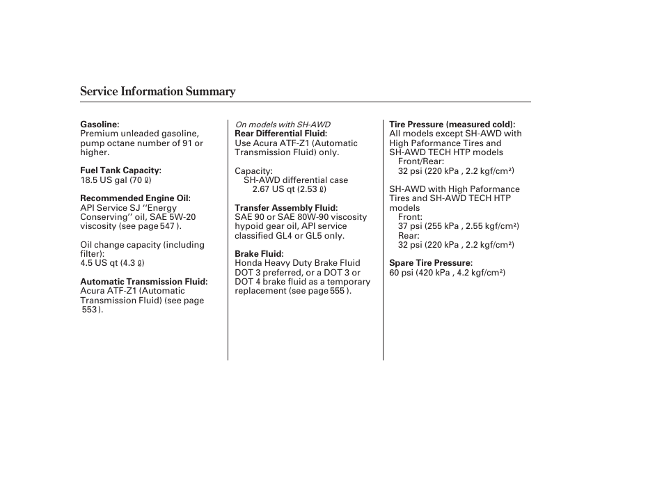 Service information summary | Acura 2009 Accord Sedan User Manual | Page 650 / 650